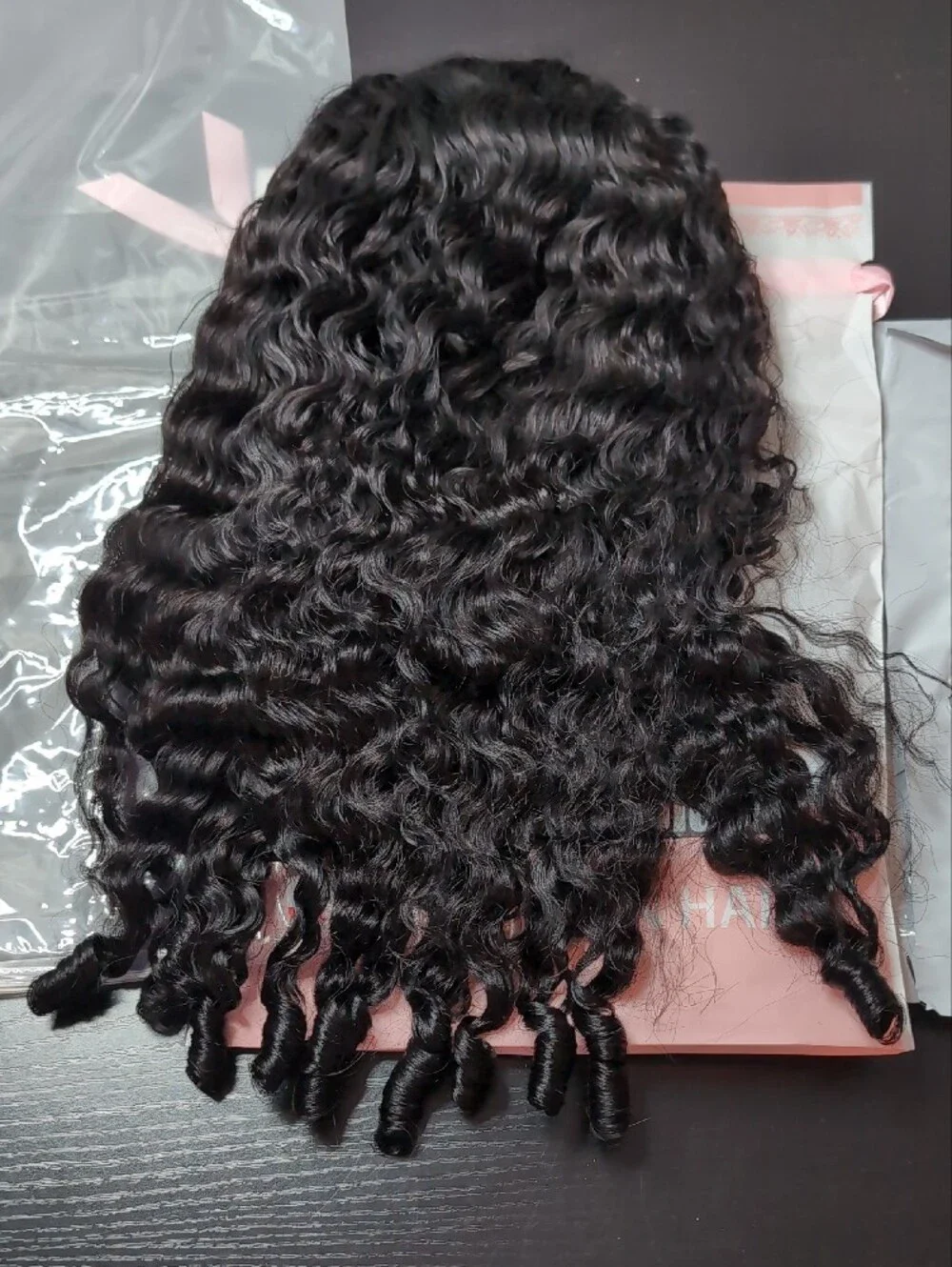 18-in Human Hair Burmese Curly Half Wig Glueless Spiral Ends Drawstring 1B 180%